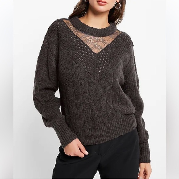 EXPRESS Cable Knit Crew Neck Lace Sweater Women's Size Large Dark Gray - Picture 1 of 6